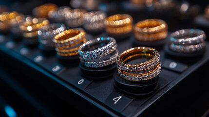 Many gold and diamond rings on small black displays.

