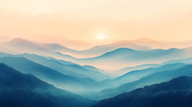 Misty mountains with sunrise in the background