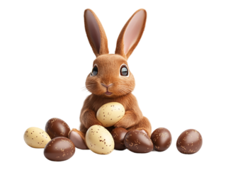 A bunny surrounded by chocolate Easter eggs, isolated on a transparent background, perfect for Easter, holiday celebrations, or festive-themed designs.