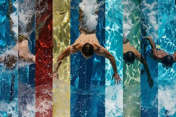 A collage featuring different swimming strokes in action, showcasing the diverse techniques used in the sport A collage of different swimming strokes in motion