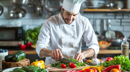 A male chef is preparing vegetables in a kitchen.