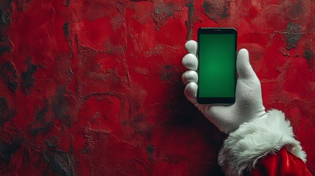 Santa's gloved hand delicately holding a smartphone, the green screen glowing pure, placed on a textured red background