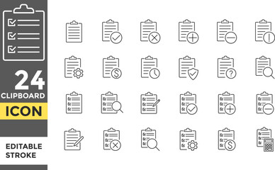 Clipboard Editable line stroke icon set. Document, Clipboard.  Pixel perfect. Checklist symbol. paper document. company passed inspection symbol