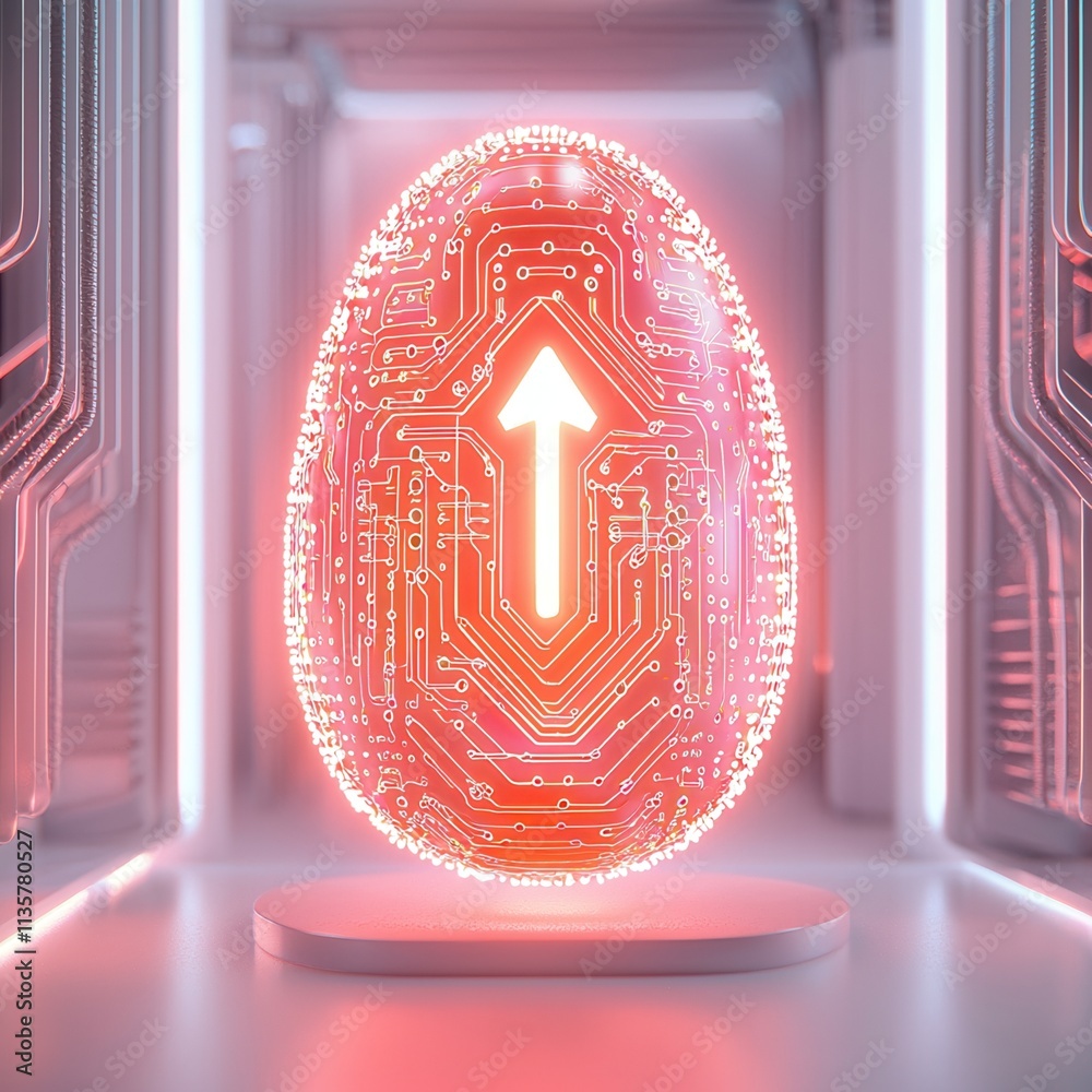 Wall mural a glowing, high-tech egg with circuit patterns and an upward arrow, set in a futuristic environment.