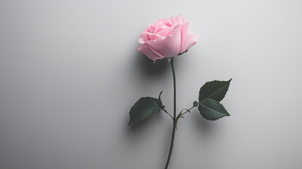 Minimalist flat lay photo of small pink rose with minimal leaves on pure white background, diagonal placement, soft lighting, high res, sharp focus, no blur, grain, or dust.