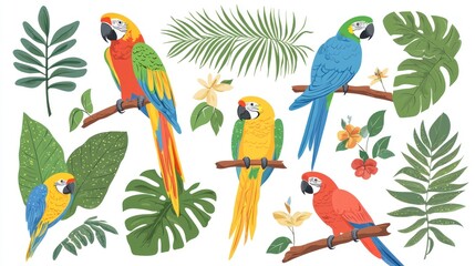 A flat design tropical vector of colorful parrots and tropical plants, perfect for a summer theme.
