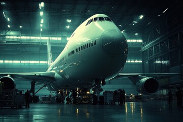 Fototapeta premium Large passenger jet inside hangar, dimly lit. Ideal for themes of travel, maintenance, or aviation industry.