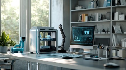 A modern workspace featuring a 3D printer, robotic arm, and computer setup.