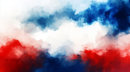 Fototapeta premium Abstract watercolor patriotic cloud background in shades of red, white, and blue, perfect for French-themed designs, banners, or greeting cards.