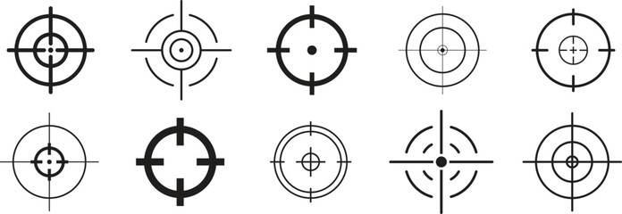 Target aim icons set. Sniper target aim shoot icon collection. Target cursor icon. Goal icon isolated on white background