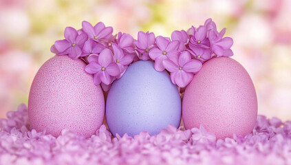 Fototapeta premium Colorful Easter eggs adorned with pastel flowers create cheerful spring scene. Perfect for celebrating season!