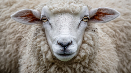 Close up of a sheep with fluffy wool in a lush green pasture during daylight