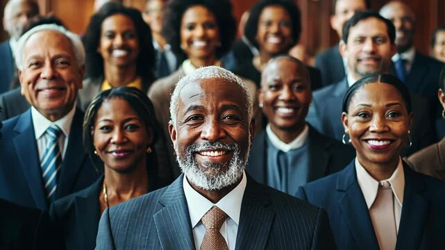  black middle age man standing with other diverse people smiling standing together at city street, multicultural culture