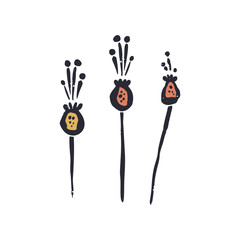 Black outline minimal abstract inky flower. Sketchy textured loose floral doodle. Hand drawn retro botanical abstraction