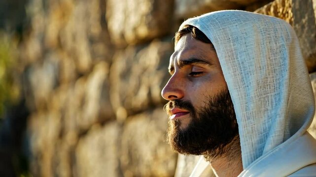 Jesus Crist close eyes praying at wall 