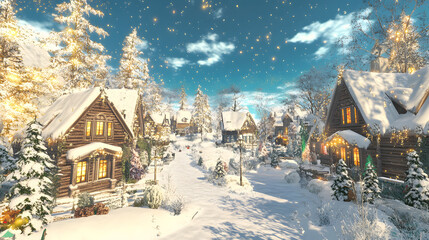 Fototapeta premium Winter Fairytale Town with Snow-Covered Trees and Cozy Cottages, Enchanting Blue Skies and Golden Glitter.