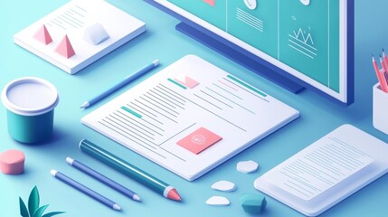 A digital workspace featuring documents, stationery, and a monitor displaying graph.