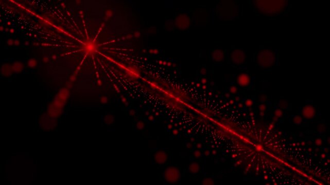 Abstract design of glowing red particles radiating outward in symmetrical bursts over a dark background. themes of energy technology futuristic visuals Radiant red particle explosion 