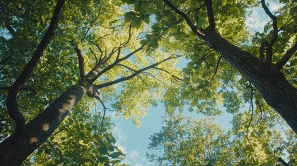 Obraz premium A forest scene from the ground, looking straight up at a canopy of green leaves and blue sky.