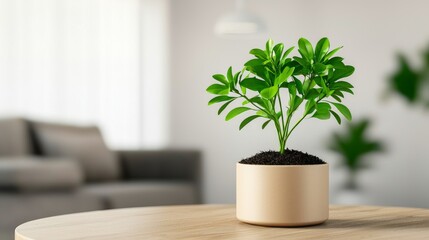 Obraz premium Potted flowers are placed on a wooden table with soil visible, against a blurred background of a simple white living room to create a fresh and natural look.