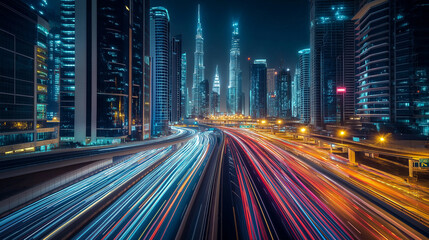 Fototapeta premium A night scene of Smart city highway with tall buildings and brightly lit windows. at night with glowing city lights. Light trails from cars moving along the street create a colorful and dynamic scene.