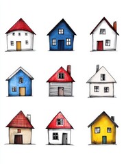 Colorful architectural illustration of diverse houses urban setting digital art bright and cheerful environment aerial view creative concept
