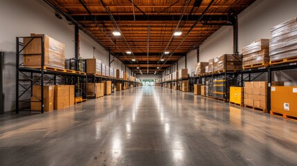Fototapeta premium A spacious warehouse features tall steel shelves filled with boxes and crates. Neon lights above create a clean, modern glow that reflects off the smooth concrete floor.