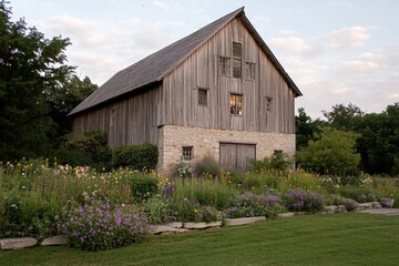 Obraz premium Rustic Wooden Barn with Stone Base and Flower Garden