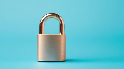 Fototapeta premium Secure golden padlock on blue background still life modern minimalist emphasizing security concept