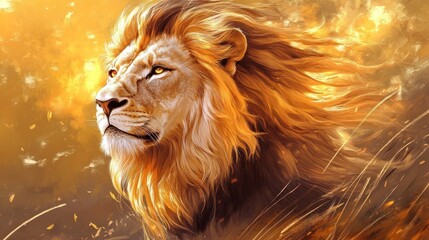 Majestic Lion Portrait Golden Mane Windswept