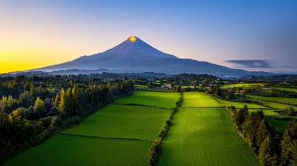 Naklejka premium Breathtaking Sunrise Over Mount Fuji Japan Travel Destination Scenic Landscape Nature Aerial View Explore the Beauty of Japan