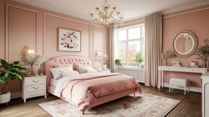 Fototapeta premium Elegant pink bedroom with large bed, chandelier, and vanity.