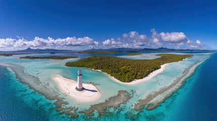 Fototapeta premium Breathtaking Lighthouse View Remote Island Travel Destination Imagery Tropical Paradise Aerial Perspective Nature Exploration