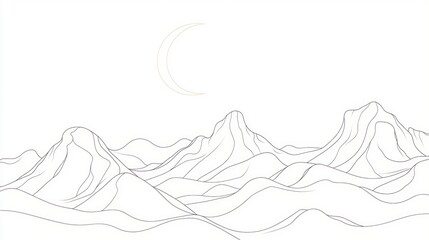 Fototapeta premium Crescent Moon Over Linear Mountain Range Illustration