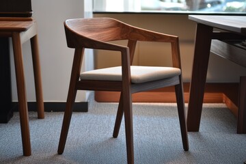 Modern walnut wood armchair with off-white cushion in contemporary office setting.
