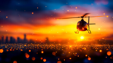 Naklejka premium Helicopter Flying Against Colorful Sunset Over City Skyline