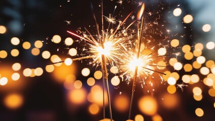 Obraz premium Sparkling sparklers glowing with warm bokeh lights background for festive new year eve and holiday celebration event design.