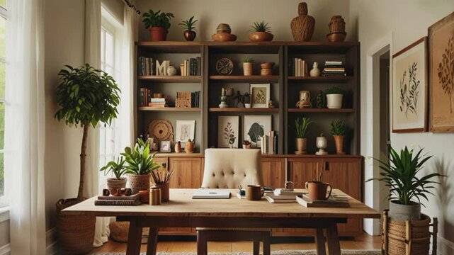 Vintage workspace and shelf decoration, 4K seamless looping virtual video animation background