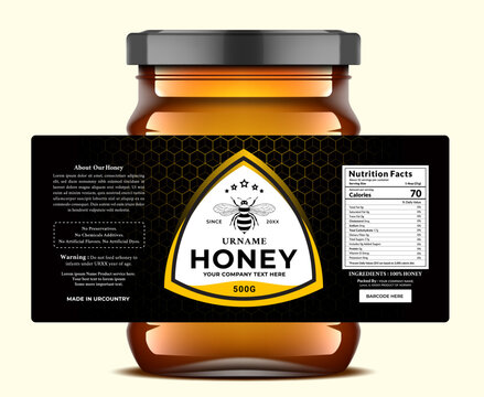 The luxurious honey label design features a gold bee emblem and nutritional information. Perfect for premium branding.