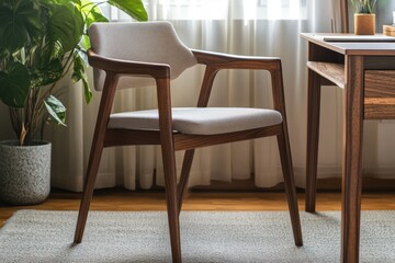 Mid-century modern armchair in home office setting.