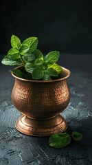 Side view of a polished copper mortar filled with fresh mint, creating a striking contrast with the deep black background.