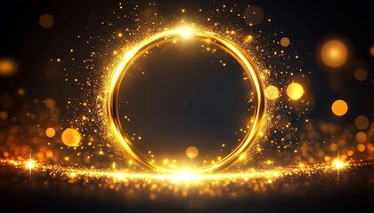 Golden Ring of Light, Glowing Circle, Abstract Background, Dark Sky, Sparkles, golden, ring, Generative Ai