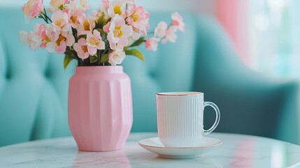 Light pink flowers in a charming pink vase placed on a marble coffee table, paired with white coffee cups, enhancing the serene white and pink living room design.