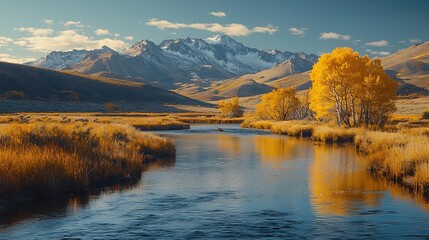 Fototapeta premium Peaceful Autumn Valley River Reflecting Vibrant Fall Foliage Landscape