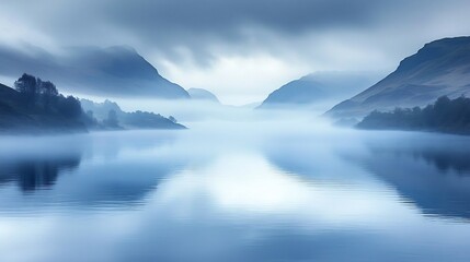 Fototapeta premium Misty Morning on a Serene River Flowing Through a Tranquil Valley
