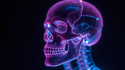 A human skull depicted in a Holographic Fragmentation Portrait where digital glitches and holographic shards reveal multiple facets