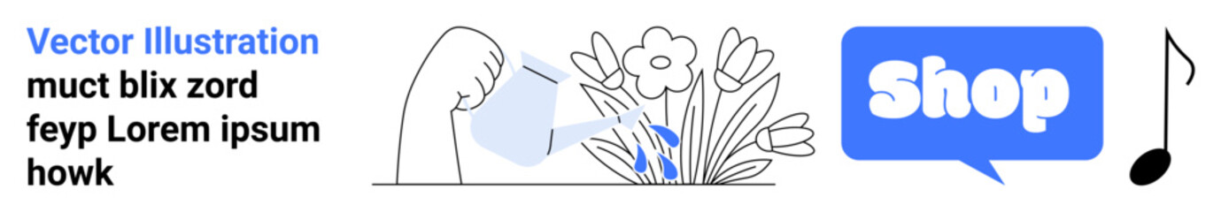 Simple garden scene with hand watering plants next to a blue Shop button and a musical note. Ideal for online shopping, gardening tips, music stores, e-commerce and seasonal sales. Banner for landing