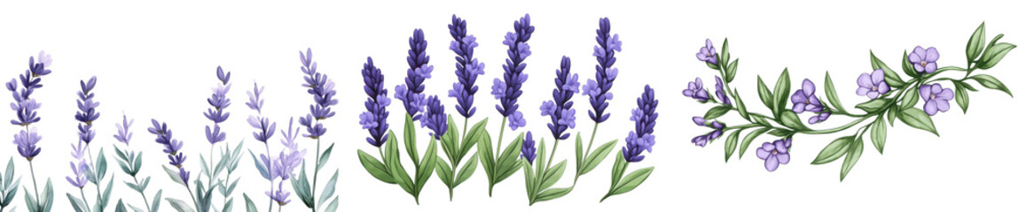 Fototapeta premium Lavender Flowers Purple Blooms Herbal Plants Botanical Illustration Nature Design