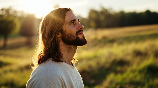 Jesus Crist standing in peacefully at olive groove
