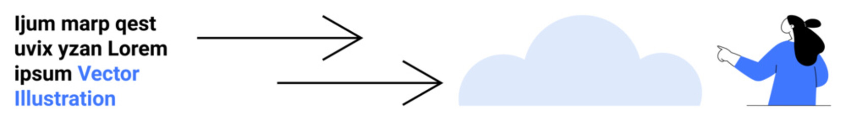 Woman pointing at cloud with text and arrows indicating information flow. Ideal for data management, cloud computing, information systems, technology presentations, digital storage, communication